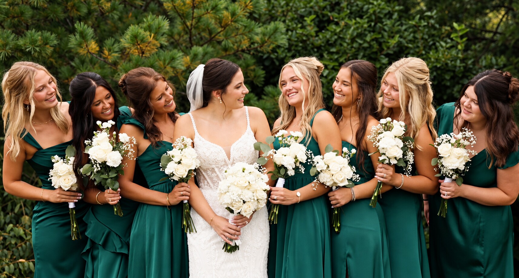 Gracie smiling with her bridesmaids in emerald green dresses