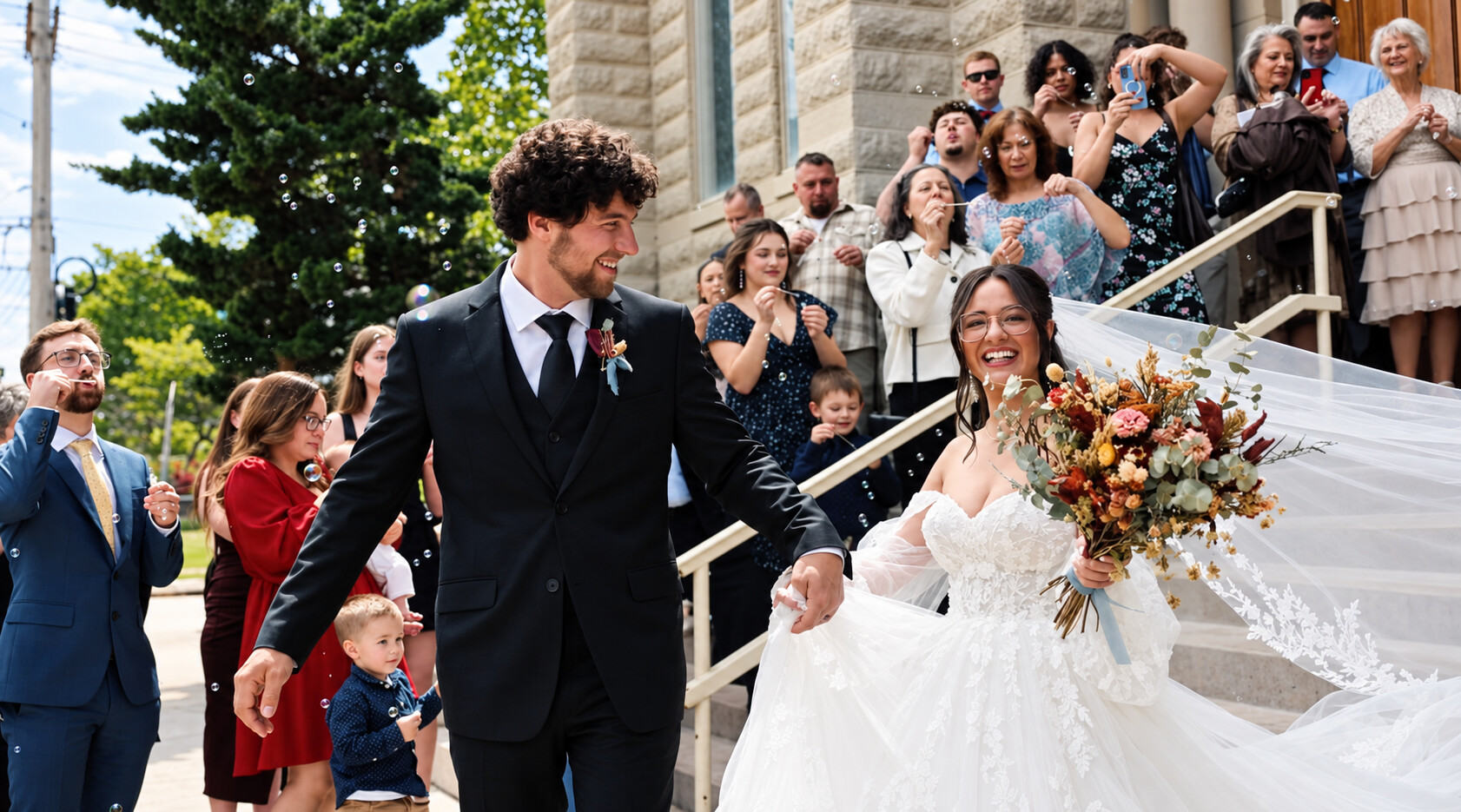 John and Bella smiling as they leave their church ceremony through bubbles