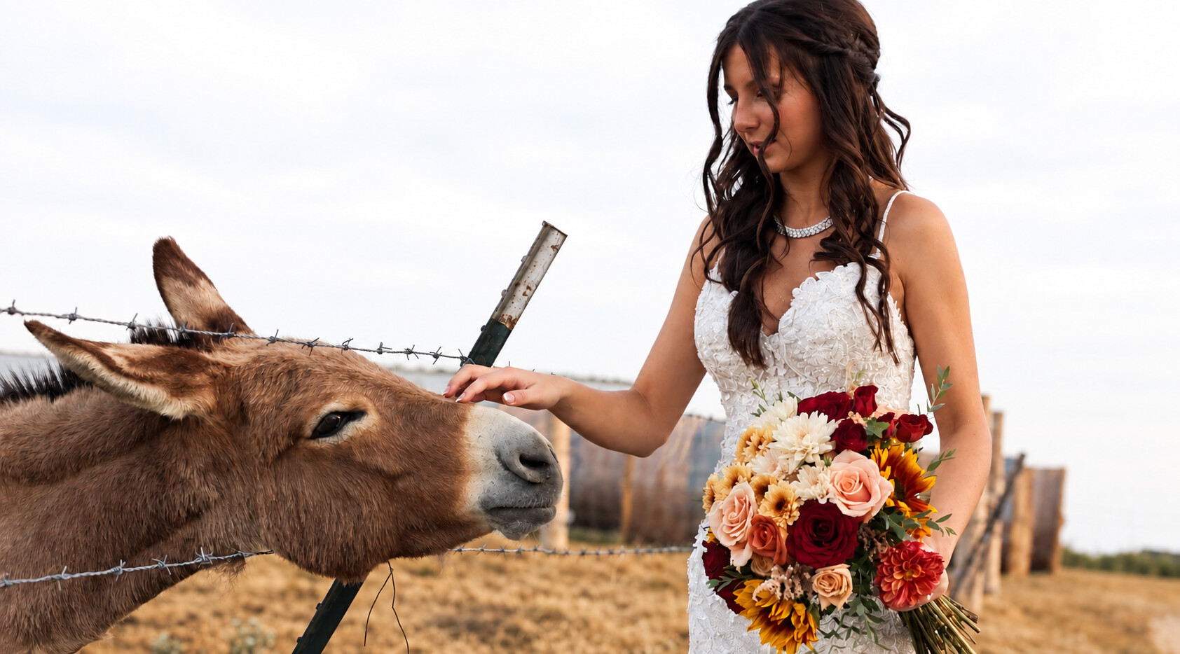 Kalee reaching toward a donkey while holding her autumn wedding bouquet