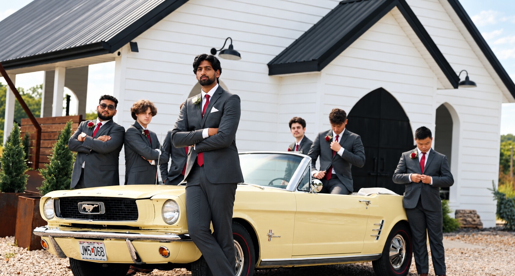 Solomon and his groomsmen posing beside a vintage yellow Mustang