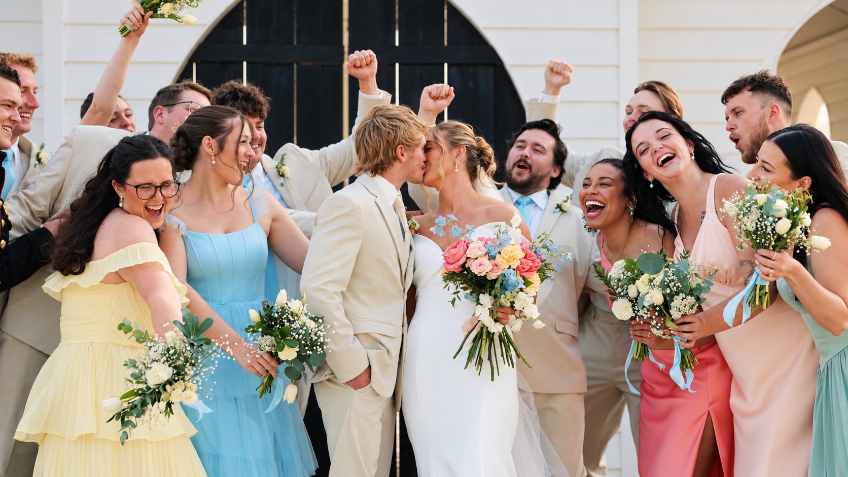 Tyra and Trance kissing as their wedding party celebrates